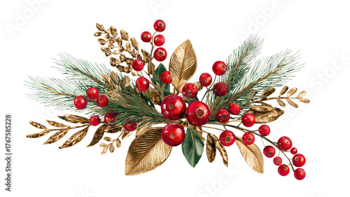 Beautiful Christmas decoration with red berries and floral arrangement featuring shiny red ornaments isolated on white background