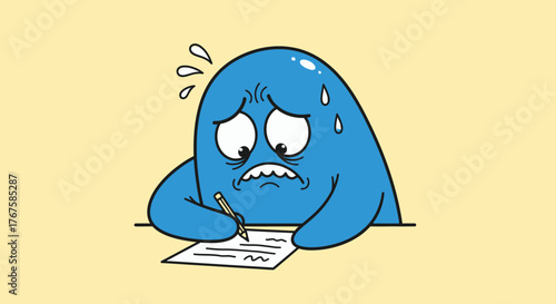Anxious blue blob character struggles with writing task under pressure and stress