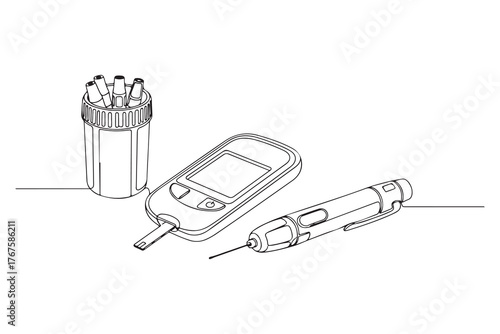 Black and white line art illustration of a diabetes testing kit including glucometer, test strips, and insulin pen. Ideal for healthcare, medical, and diabetes awareness designs