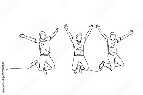 Celebrate the spirit of joy and freedom with this vibrant line art illustration of three people jumping with excitement. The simple yet expressive design beautifully captures the energy and happiness 