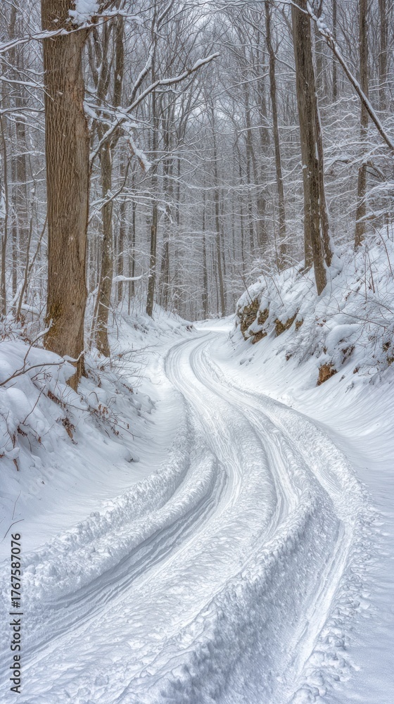 Fototapeta premium Quiet winter road in a snow-covered forest, tall trees, and fresh snowfall create a serene scene