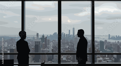 Business professionals, city skyline, office meeting, urban view, high-rise building, corporate lifestyle, modern workspace, panoramic window, professional silhouettes, daytime scene