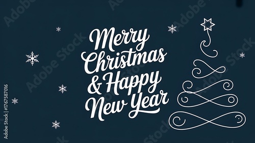 Merry Christmas and Happy New Year Text with Christmas Tree and Snowflakes on Dark Blue