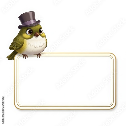 Charming little bird wearing a top hat perched on a blank white sign for text or messages