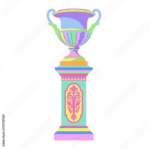 Vibrant and colorful trophy cup displayed on an ornate pedestal in a whimsical artistic style