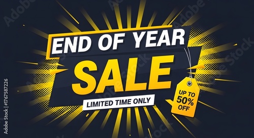 End of year sale banner with up to 50 off, limited time only, featuring a dynamic and eyecatching design