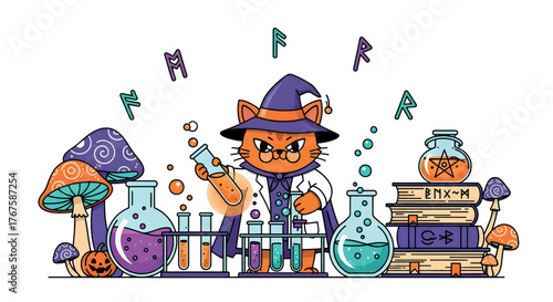 Halloween Cat Wizard Brewing Potions with Magic, Spells, and Mushrooms