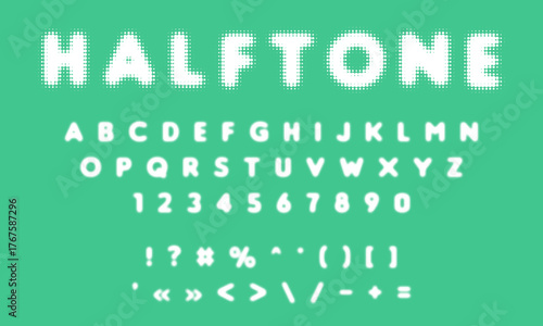 Halftone bitmap font. Blurred alphabet with dots. Vintage Halftone Display Font alphabet collection, vector. Retro 70s and 80s halftone dots in black and white alphabets. Halftone alphabet, number