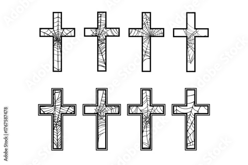 Several variations of Gothic crosses with a web pattern inside