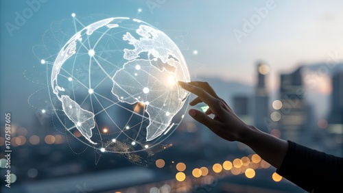 Hand touching a glowing digital globe with interconnected network lines earth world