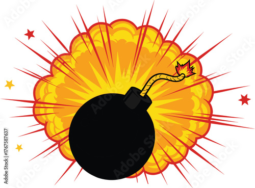 Cartoon bomb explosion with lit fuse, vibrant yellow and orange blast, comic-style impact vector, dynamic destruction illustration design