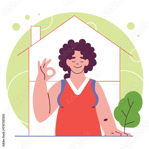 Stay Safe at Home: Woman Showing Okay Gesture with a House Background Flat Vector Illustration