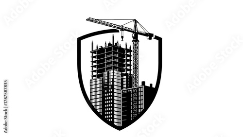A monochrome illustration depicting construction site elements buildings, cranes, framed by shield