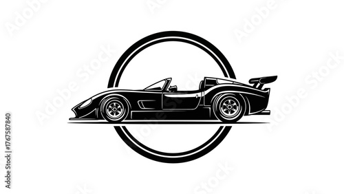 Black and white vector illustration of a classic, sleek sports car. It is stylized and set in a circle