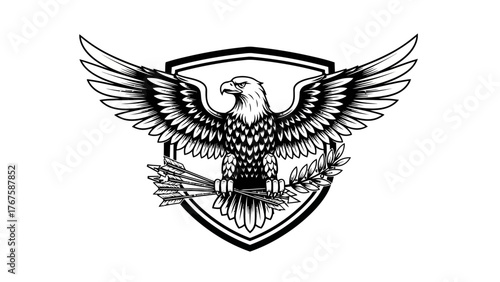 A regal eagle with outstretched wings and arrows, in a crest with laurel leaves