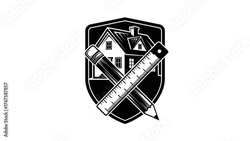 A black and white emblem showing a house, pencil, and ruler on a white background