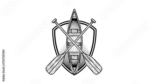 A black and white illustration of a canoe with crossed oars, inside a shield shape