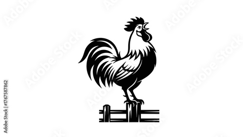 A black and white illustration of a rooster perched atop a fence, crowing in the morning