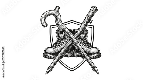 A monochrome emblem features boots, walking sticks, and a cane in a crest design