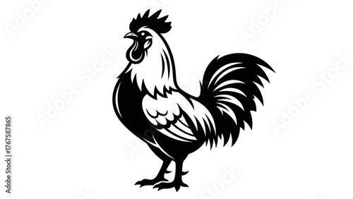 A stylized black and white rooster illustration, with detailed features and a proud pose