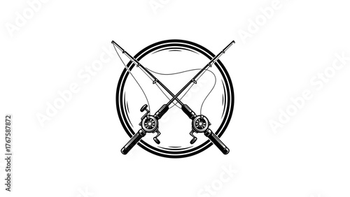 A black and white illustration of two crossed fishing rods within a circle