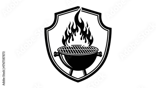 A monochrome illustration of a grill within a shield, with flames rising above