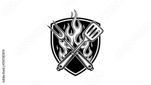 A black and white emblem featuring crossed grilling tools set against flames, housed within a shield shape