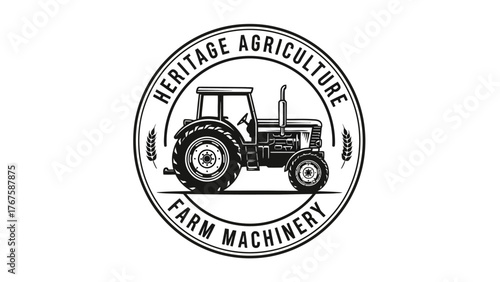A monochrome illustration of a tractor within a circular frame with text