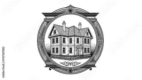 Black and white detailed illustration of a large house within an ornate circular frame