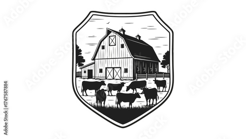 A monochrome shield featuring a barn, cows, trees, and sky scene, conveying rural life