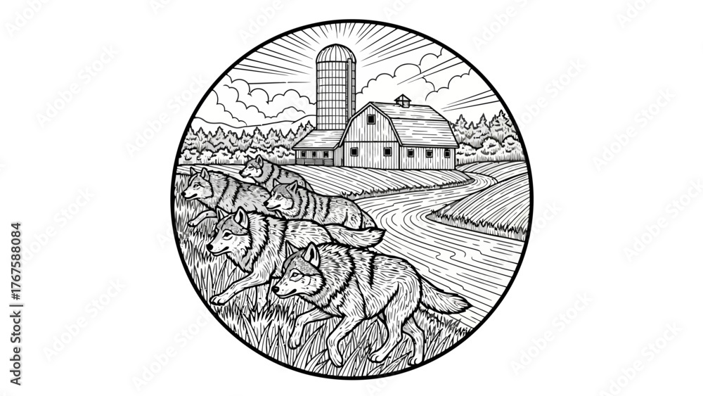 Naklejka premium Black and white illustration of wolves running in a field towards a barn and silo
