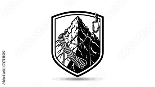 A black and white shield-shaped emblem featuring a mountain with a rope, carabiner