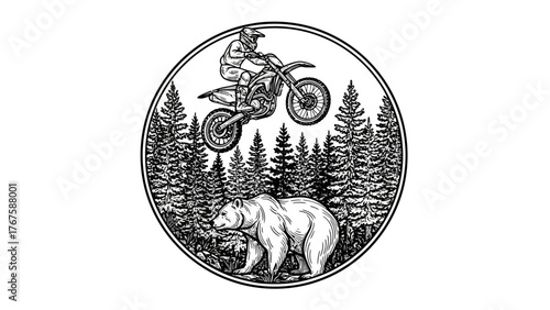 A motorcycle rider jumps over a forest landscape with a bear beneath a ring