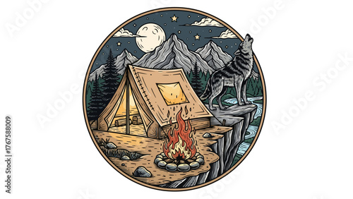A circular illustration of a camping scene at night. Includes tent, campfire, mountains, stars, and howling wolf