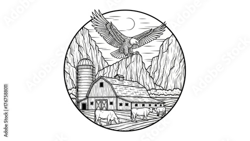 A black and white illustration of a farm scene with an eagle, barn, silo, and cows, in a circle