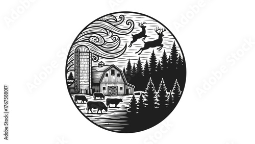Black and white circular landscape with farm, silo, forest, deer, and cattle