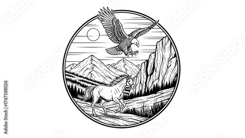 A monochrome illustration depicting an eagle, horse, mountains, and trees within a circular frame