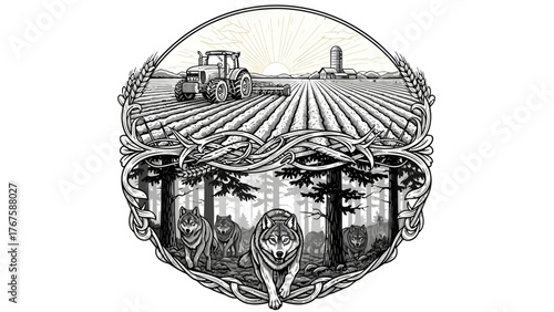 Farm scene with a tractor plowing fields in the upper half and a wolf pack in a forest below
