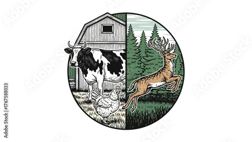 A circular illustration dividing farm life and the forest, with animals in each, in simple style