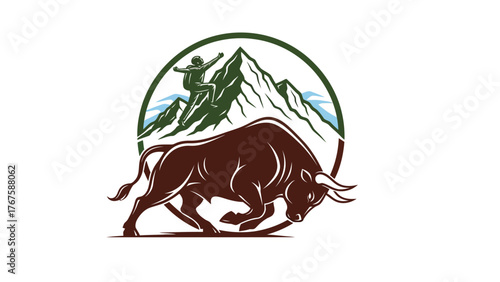 A bull silhouette charged forward, mountains and a climber inside a circle