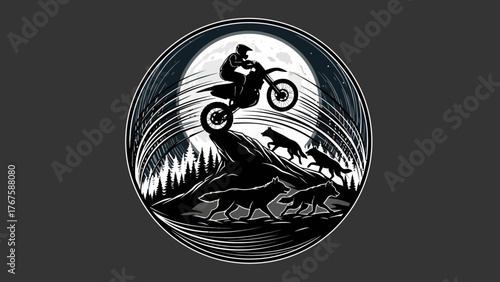 A silhouette of a dirt bike rider, wolves, trees, and full moon in a circular frame