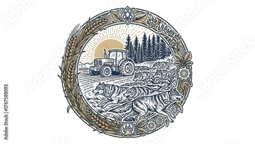 A circular illustration of a field with a tractor, running wolves, and an ear of wheat