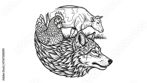 Black and white illustration depicts a hen, cow, and wolf within a circular design