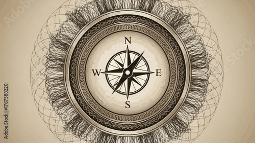 Circular compass with directionals, surrounded by ornate decorative elements in shades of brown