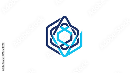 A geometric abstract logo with a layered design using blue and turquoise elements on white