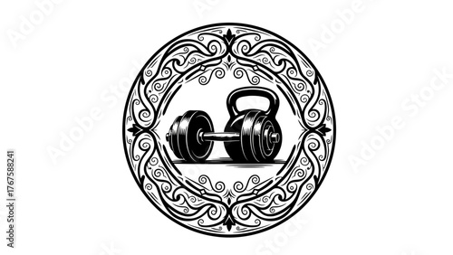 A monochrome illustration of fitness equipment within an ornate circular border. Kettlebell and barbell