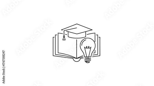A black and white line art illustration featuring a book, graduation cap, and a lightbulb