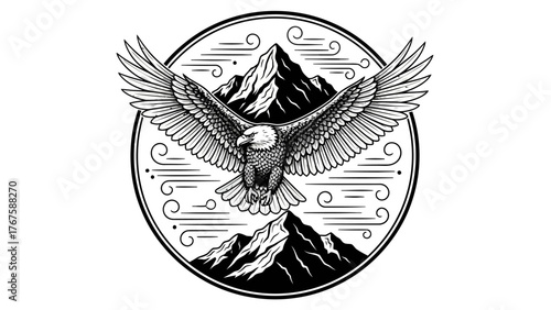 A monochrome illustration depicts an eagle with open wings against mountainous background