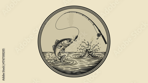 A grayscale illustration of a fish leaping out of water to catch a lure, within a round frame
