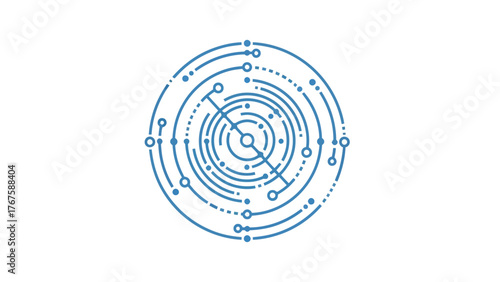 A concentric blue circuit design against a white background; dotted and solid lines with dots